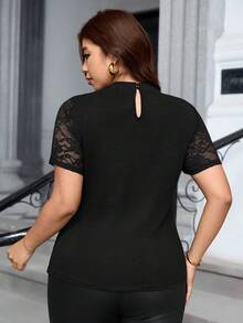 SHEIN Clasi Plus Size Lace Patchwork Knit Summer Elegant Sexy Black T-Shirt Going Out Night Party - Black - View 3