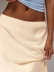 SHEIN BAE Women's Beige/Cream Solid Color Lace Trim Spliced Midi Satin Skirt, Suitable For Vacation, Beach Date, Party, Brunch, Commute, Wedding Guest Wear. - Apricot - View 3