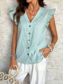 Breezaya Women's Spring/Summer New Casual Vacation Lace Trim Ruffle Sleeve Blouse - Mint Green - View 8