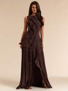 SHEIN BAE Spring/Summer Women's Brown Sleeveless Backless Pleated Exquisite Split High Slit Dress, Wedding Guest Dress, Valentine's Day Dress, Brown Ruffle Elegant Dress - Brown - View 4