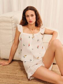 lacRébo White Floral Embroidered Cotton Pyjama Set Summer White Cotton Homewear Set - White - View 1