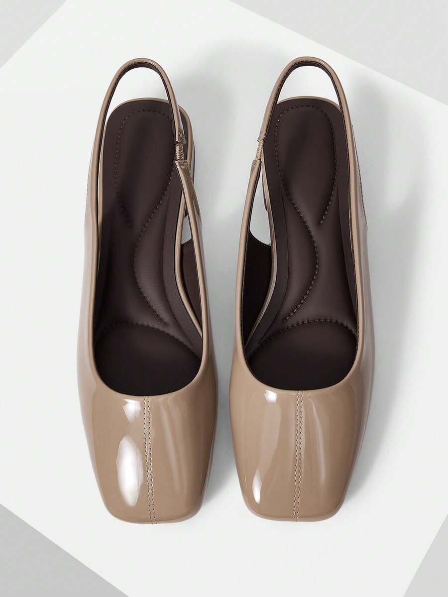 Mnmlis Patent Leather Back Strap Dark Brown Square Toe Thick Heel Women's Shoes Fall Shoes - nude - View 1