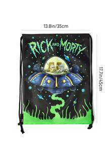 Rick and Morty X SHEIN 1個可愛卡通角色印花抽繩背包，可調節肩帶長度，適合學生、男士、女士，適用於戶外健行、徒步、通勤、科學實驗員、太空船、 - 黑綠色 - 查看 7
