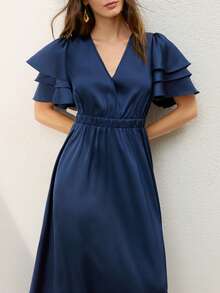 CielaLinda Women's Ruffle Short Sleeve V-Neck Maxi Dress For Summer Vacation, Wedding Guest Dress, Holiday Dress, Blue Dress, Maxi Dress, Prom Dress, Party Dress - Navy Blue - View 7
