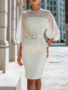 Balvessa Conjunto de 2 piezas para mujer primavera/verano elegante blanco de gasa transparente con top de manga abullonada y vestido midi ajustado con tirantes finos - Blanco - Ver 1