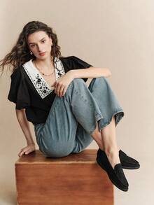 Rosivie Black Suede Loafers, Slip-On Soft-Soled Shoes, Commuter Versatile Retro Loafers - Black - View 5