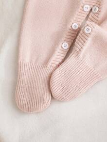 SHEIN Vintaside Kids 新生兒嬰兒針織長袖套頭領毛衣連身衣，附足套連身衣，秋/冬季，杏色淺色，百搭日常穿著，麻花繩編織設計，時尚時尚，對比粉色蝴蝶結設計，優雅大方，可愛，適合日常居家穿著 - 淺粉色 - 查看 5