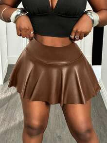 BamGleam Falda-pantalón con volantes de cintura alta de unicolor de piel sintética para mujer - Marrón - Ver 7