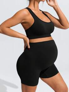 SHEIN 孕婦純色內衣與彈性運動短褲套裝 - 黑色 - 查看 8