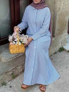 Solavon Women's Blue And White Striped Dropped Shoulder Long Sleeve Single-Breasted Shirt And Skirt Casual Modest Two Pieces Set Vacation - Blue and White - View 1