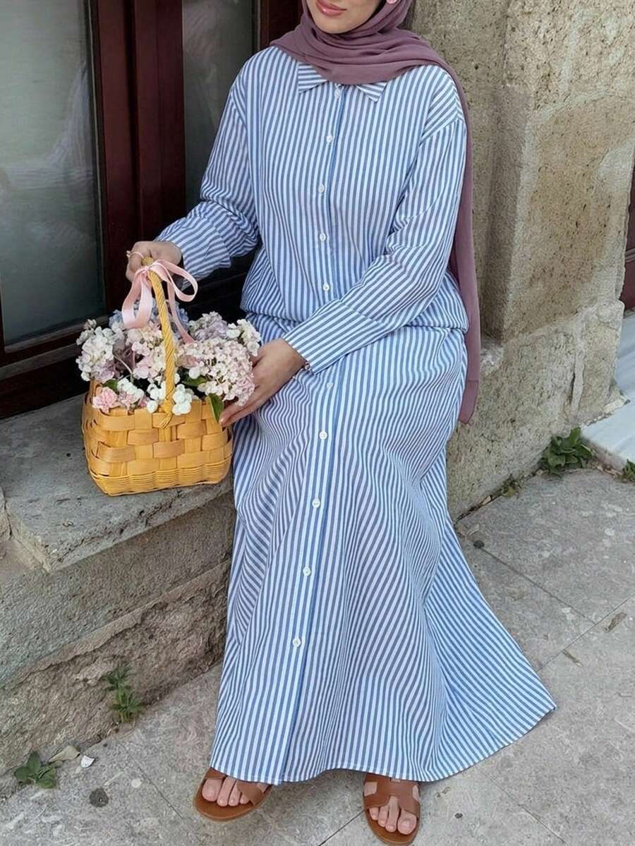 Solavon Women's Blue And White Striped Dropped Shoulder Long Sleeve Single-Breasted Shirt And Skirt Casual Modest Two Pieces Set Vacation - Blue and White - View 1