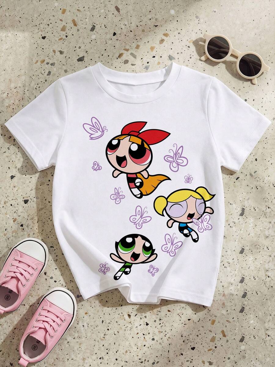 THE POWERPUFF GIRLS X SHEIN GraphicGems 女婴休闲可爱卡通图案圆领短袖T恤,夏季 - 彩色 - 查看 1