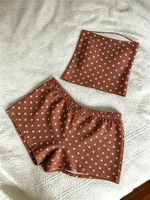 IslaSuriya Women's Summer Vacation Polka Dot Print Bandeau Top And Shorts 2pcs Set - Brown - View 2