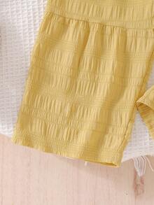SHEIN Elladie kids 2件/套 女童夏季創意3D流蘇裝飾蕾絲拼接不對稱下擺背心與休閒長褲套裝，時尚亮眼夏季度假與外出穿搭 - 黃色 - 查看 4