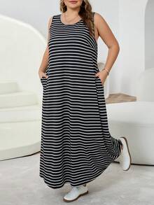 SHEIN CURVE+ 大尺碼女款夏季洋裝、女款夏季洋裝、女款度假洋裝、女款夏季洋裝、畢業洋裝、商務休閒女款太陽裙、女款辦公洋裝、畢業洋裝、新時尚休閒通勤、條紋無袖口袋洋裝、長洋裝、A字裙、黑白條紋洋裝、休閒洋裝/2026/新年 - 黑與白 - 查看 6
