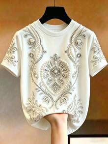 Franclia Camiseta casual de verano con estampado de strass falso - Blanco - Ver 1