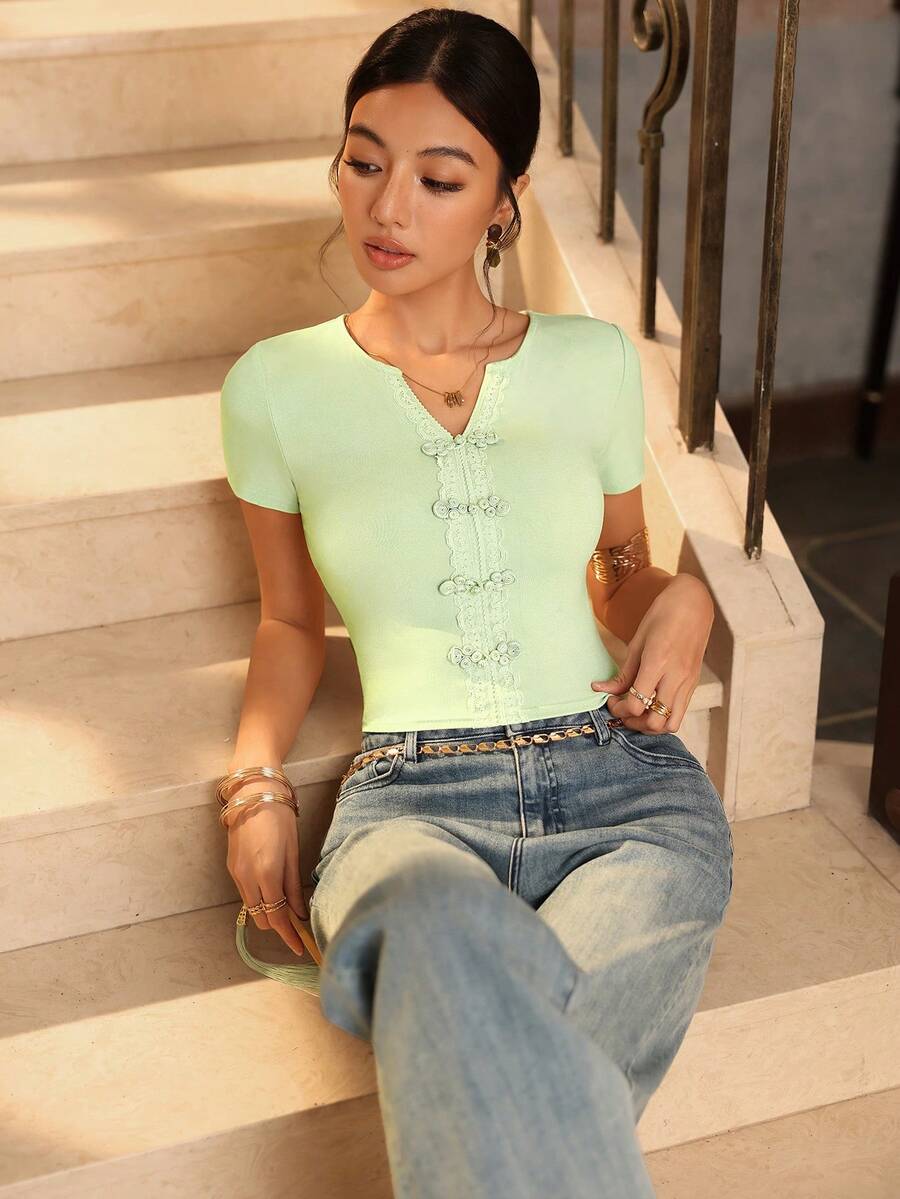 EastFlair Nueva blusa de manga corta de punto estilo retro chino con botones de rana - Verde - Ver 1