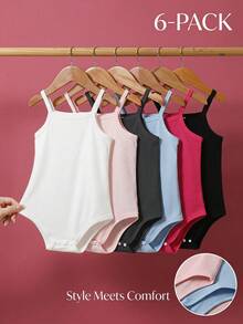SHEIN Playful Pals 6件組女嬰幼童0-3歲休閒日常百搭素色羅紋針織細肩帶連身衣套裝，5色，多件組 - 彩色 - 查看 10