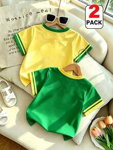 SHEIN 2pcs Girls' American Sports Short Sleeve T-Shirts, Brazil Letter & Flag Print Contrast Ribbed Crew Neck Thin Tops, Suitable For Ball Games, Outings, Daily Wear, Spring, Summer, Early Autumn - Multicolor - View 3