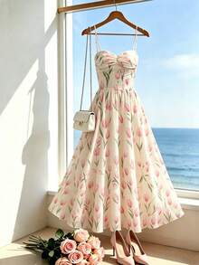 Rafferiza 2026 Summer New Women's Elegant Fashion Young Minimalist Spaghetti Strap Tulip Pattern Dress Daily Wear Long Holiday Vacation Floral Pink - Multicolor - View 7