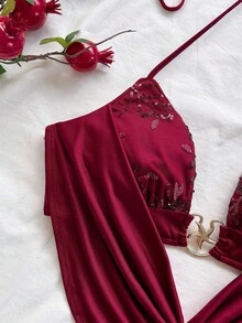Soleia Women's Burgundy Red Sequin Spaghetti Strap Cowl Neck Starfish Buckle Cropped Camisole Tank Top Beach Vacation Night Club Out Party Summer Sexy - Burgundy - View 4