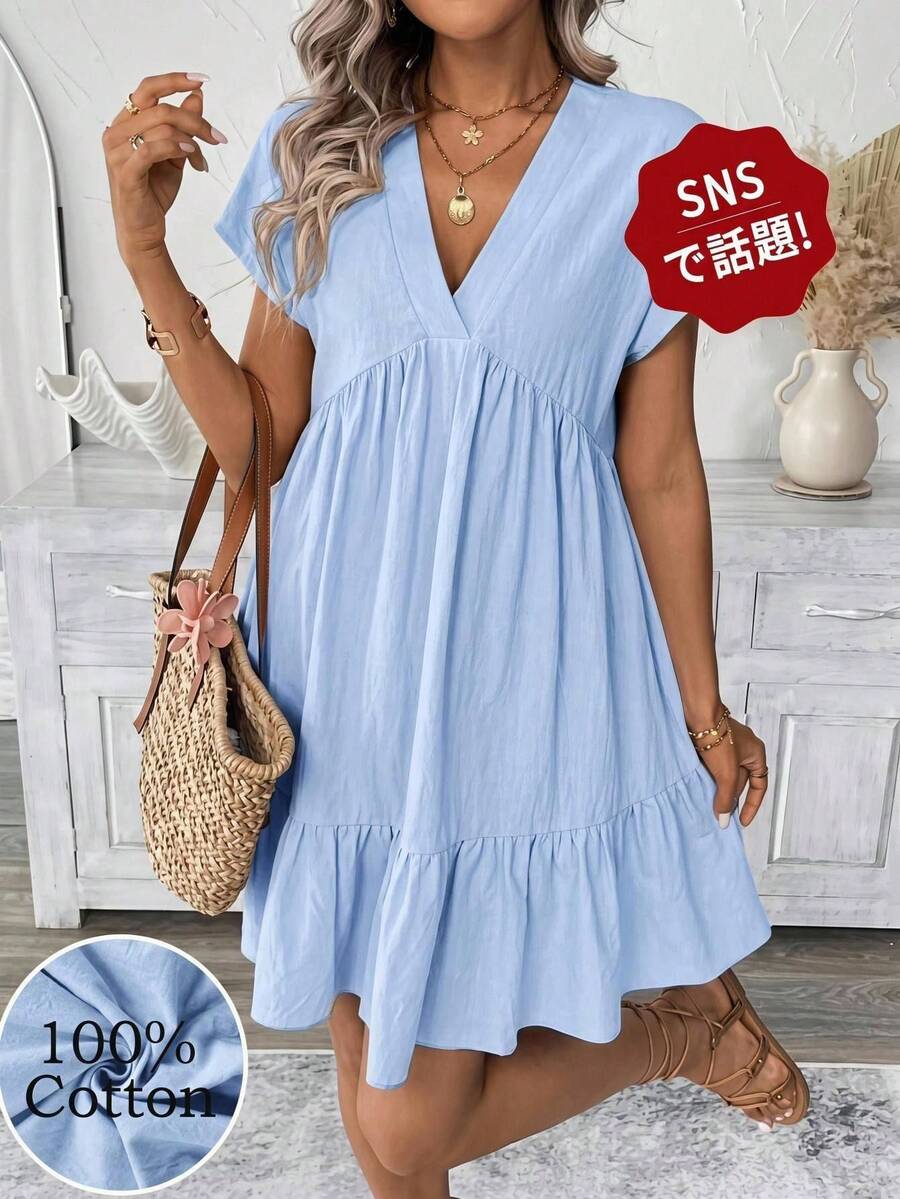 SHEIN LUNE 女款短版粉色度假浪漫海灘夏季休閒洋裝 - 淺藍色 - 查看 1