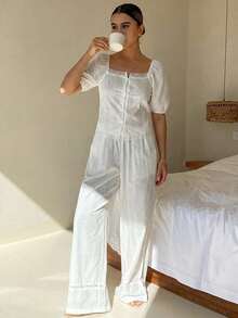 DAZY 2pcs/Set Textured Fabric Puff Sleeve Blouse & Straight Long Pajama Pants Summer Women's Sleepwear Set - White - View 5