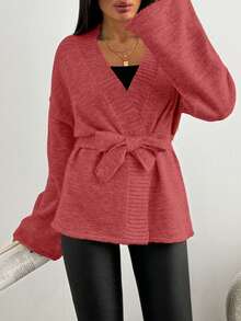 EURMUSE Women's Solid Drop Shoulder Long Sleeve Loose Tie-Waist Casual Cardigan,Petite Cardigans,Cardigans - Dusty Pink - View 5