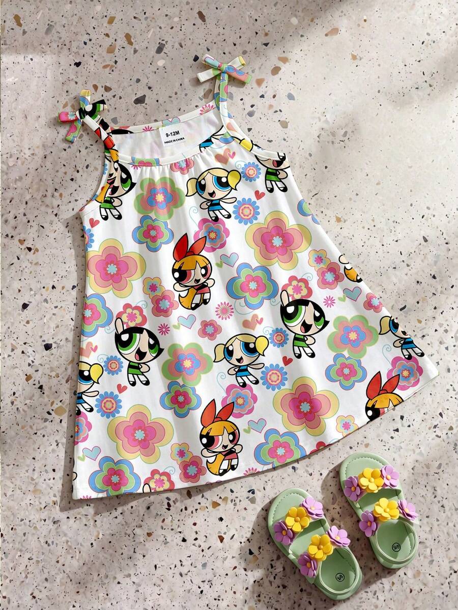 THE POWERPUFF GIRLS X SHEIN GraphicGems 女婴碎花无袖连衣裙,可爱卡通图案,夏季 - 彩色 - 查看 1