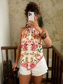 Travachic 女款波西米亞風夏季花卉印花方巾領掛脖無袖露背度假休閒背心 - 粉色 - 查看 5