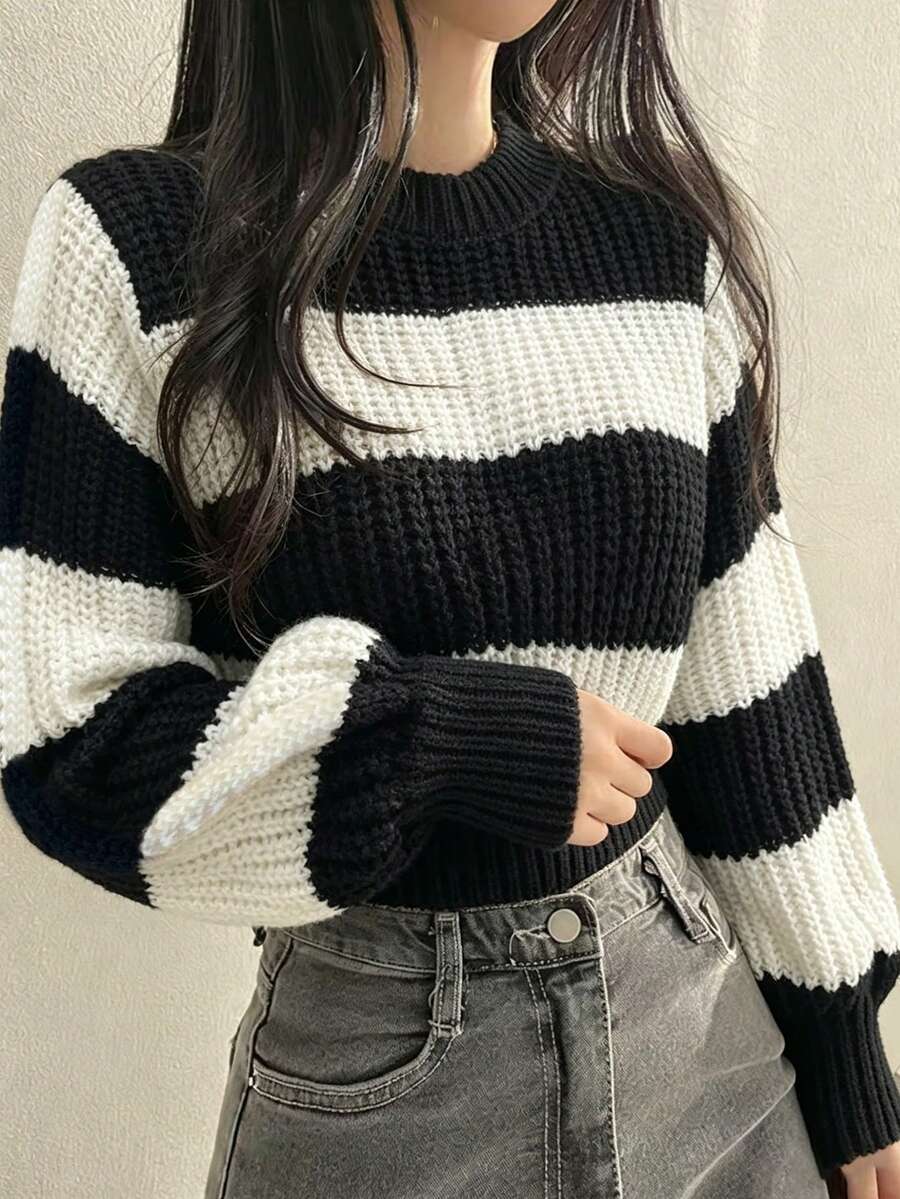 INAWLY 女款條紋圓領長袖寬鬆休閒毛衣 - 黑與白 - View 1