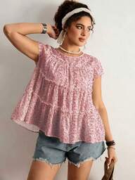 SHEIN VCAY Women Summer Casual Boho Pink Floral Print Round Neck Flutter Sleeve Tiered Peplum Blouse Top