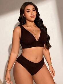 Swim Lushoire Summer Beach Minimalist Textured Fabric Solid Color Plus Size Swimsuit Set - Coffee Brown - View 3