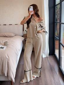 Dream Adore Artistic Retro Striped Lace-Up Loungewear Set, Classic Lapel Short Sleeve Long Pants Set - Multicolor - View 7