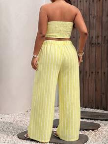 Sunnyshic Plus Size Women's Vacation Striped Bandeau Top And Wide Leg Pants 2pcs Set - Yellow - View 2