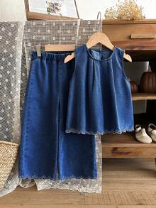 SHEIN LMoss Kids 少女女孩 2 件套鏤空刺繡花卉圖案藍色牛仔寬鬆背心上衣與長褲 - 深色水洗藍 - 查看 4