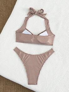 SHEIN Swim 女款純色掛脖式比基尼內衣兩件式高腰泳衣套裝 - 夏季海灘泳裝，Br - 彩色 - 查看 2
