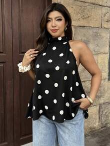 Vionelle Plus Size Polka Dot Sleeveless Back Tie Bow Women's Top - Black - View 4