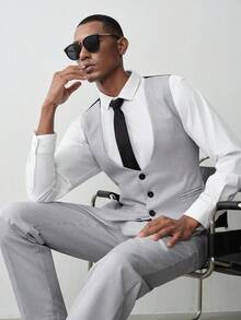 MENRIVO Men's Colorblock Patchwork Waistcoat And Pants Formal Suit Set Formal, Ceremony - Light Grey - View 1