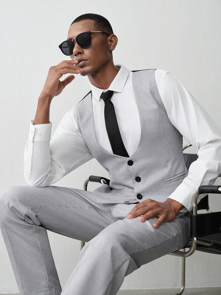 MENRIVO Men's Colorblock Patchwork Waistcoat And Pants Formal Suit Set Formal, Ceremony - Light Grey - View 1