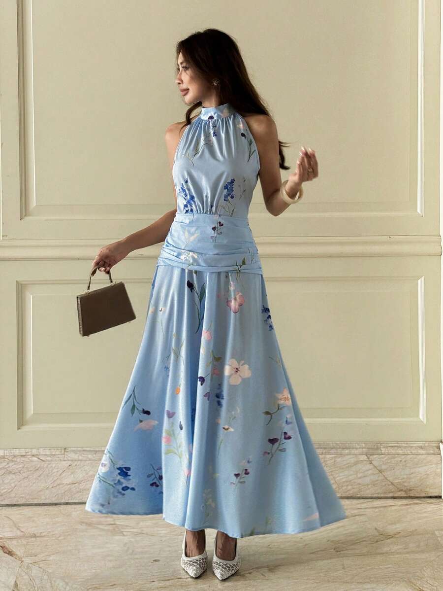 INAWLY Women's Floral Pattern Pleated Elegant Halter Neck Dress - Blue - View 1