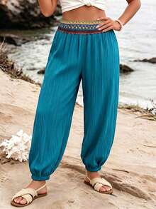 Ceyna Plus Size Women's Autumn New Long Pants, Cuffed Hem, Textured Knit Fabric, Waistband Patchwork, Thin Harem Pants, Loose Fit, Beach Dusty Blue Boho - Teal Blue - View 6