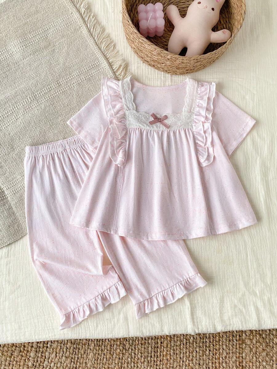 Light Pink Glitter Lace Trim Girls Pajama Set 2pcs, Bow & Ruffle Short Sleeve Top + 3/4 Pants, Princess Style Loungewear - Multicolor - View 1