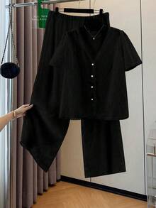 SHEIN LUNE 大尺碼優雅提花針織蕾絲通勤休閒日常夾克與長褲 2件組，適合派對與下午茶，春季/夏季 - 黑色 - 查看 3
