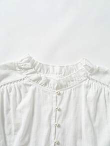 Rusticease Plus Size Autumn Vacation Solid Color Ruffle Collar Patchwork Water-Soluble Lace Front Button Lantern Sleeve Blouse White Elegant Boho Beach Fall - White - View 5