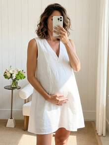 SHEIN 孕婦V領無袖白色100%純棉哺乳洋裝 - 白色 - 查看 2