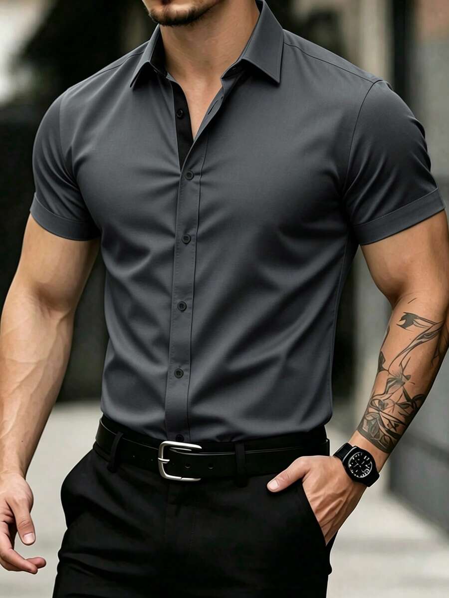 Manfinity Mode CS-D18 Men's Solid Color Short Sleeve Formal Shirt, Minimalist And Fashionable, Suitable For Summer Formal - Grey - View 1