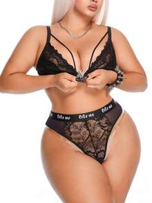 AltBold Dark Gothic Lace Front Closure Non-Wired Plus Size Women's Lingerie Set 2pcs - Black - View 3