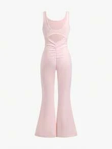 SHEIN Tween女孩休閒極簡舒適素色露背無袖連身褲 - 卡其色 - 查看 2