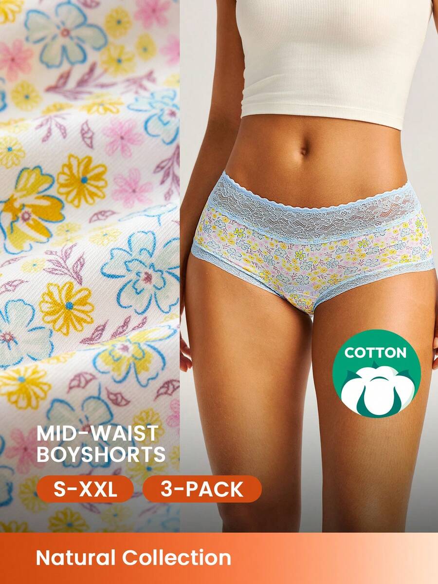 LUVLETTE 3-Pack Lace Trim Cotton Mid-Rise Boyshorts Women Underwear Panties Set- Floral Print Lace Trim - Multicolor - View 1